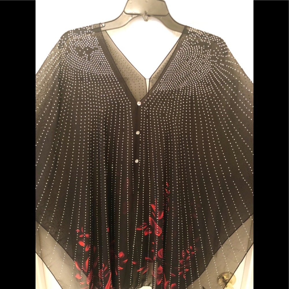 Red Floral Rhinestone Bling Poncho - Picture 2 of 3